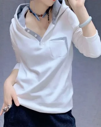 2025 Spring Autumn New Korea Fashion Women Long Sleeve Loose Cotton Tee Shirt Femme Tops All-matched Casual Hooded Tshirts V542