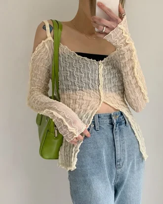 Y2K-Fairycore Aesthetics Open-Shoulder Zipper Slit Tops E-girl Fashion Sexy Wave Ruffles Long Sleeve T-shirt Transparent