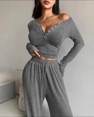 Sexy Button Pullover Pants Set Women Slim V-neck Long Sleeve Sweatshirt Drawstring Wide Leg Trousers 2025 Spring New Lady Outfit