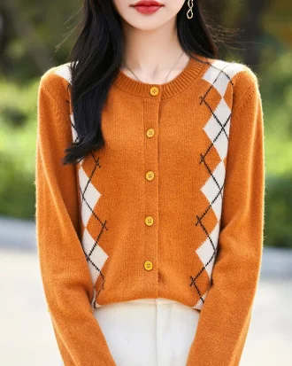 Women Round Collar Color Contrasting Cardigan Merino Wool Sweater Autumn Winter Long Sleeve Coat Cashmere Diamond Grid Knitwear