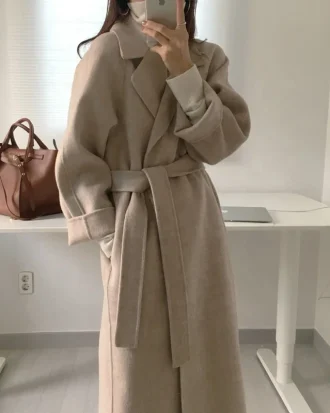 Dropshipping Women Elegant Long Wool Coat With Belt Solid Color Long Sleeve Chic Outerwear Ladies Drop Shoulder Overcoat 2025