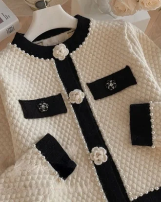 Vintage Sweater Women Long Sleeve Knit Tops Winter Pull Femme Beading 3D Floral Y2K Clothes Fashion Elegant Cropped Cardigan