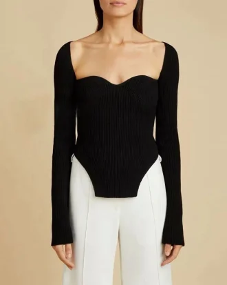 2025 New Spring Sexy Stylish Square Collar Full Sleeves Knitting Pullover Quanzhou Zichen Sexy Slim T-shirt Female Top