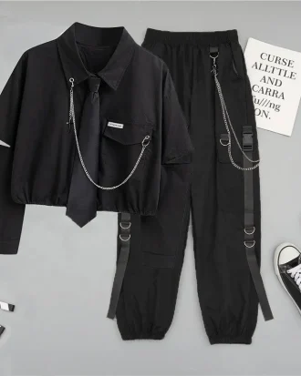 Women's Cargo Pants Handsome Cool 2 Two-piece Suit Sets With Chain Harajuku Long Sleeve+ribbon Pants Spring Autumn Overalls Tops
