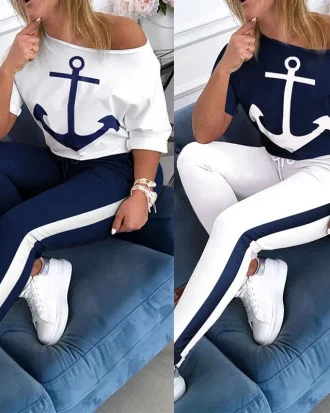 Tracksuit Women Pants Set Fashion Clothes Summer 2025 Boat Anchor Print Patchwork Casual Stretch Bodycon Two Piece Matching
