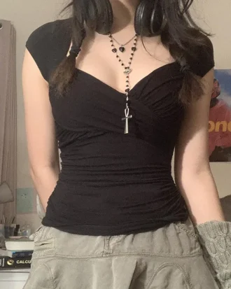 Y2k Cross Crop Top Folds Black Square Collar T Shirt Short Sleeve Square Collar Cute Chic Tee Grunge Korean Tee Retro