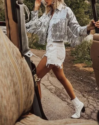Women Tassel Sequin Jacket 2025 Autumn Winter Streetwear Rock BF Retro Long-sleeved Silver Reflective Jacket Women Outwear Tops
