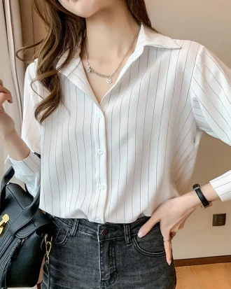 Fashion Woman Blouses 2025 Chiffon Long Sleeve Shirt Tops Woman White Blouse Shirts Striped Top Pretty and Cheap Women's Blouses