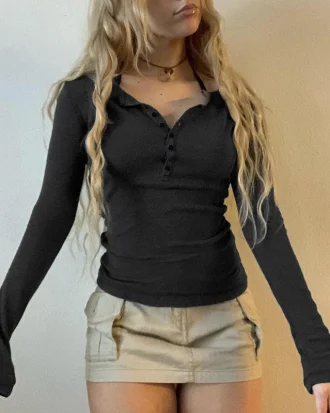 Vintage Fairycore Y2k Tops Tee Aesthetic Button up Retro Grunge Clothing Solid Casual 90s Slim Women Swear Shirts