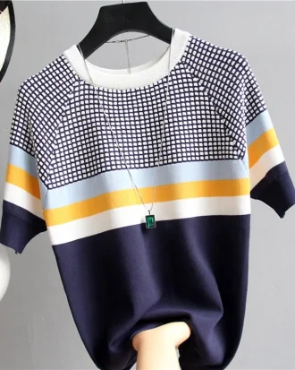 Blusas Mujer De Moda 2025 New Vintage Ladies Tops Striped Summer Blouse Pink Elasticity Short Sleeve Blue Women Blouse