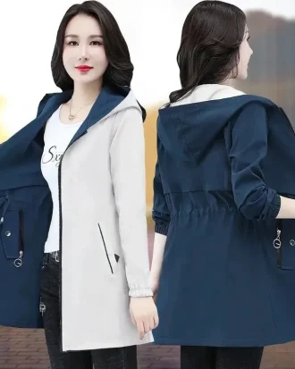 Double-Sided Trench Coat Women 2025 New Spring Autumn Clothes Hooded Large Size Long Windbreaker Jacket Female Outerwear Tops