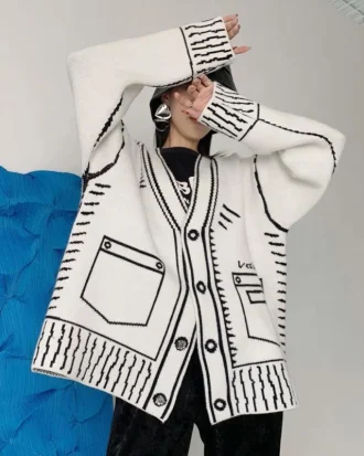 Print Graffiti Unique Cardigan Women Loose V-neck Long Sleeve Luxury Knitted Female Cardigans Coat Y2k 2025 Winter