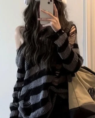 Deeptown Gothic Streetwear Striped Knitted Sweater Women Harajuku Punk Hollow Out Jumper Hole Loose All-match Tops Grunge E-girl