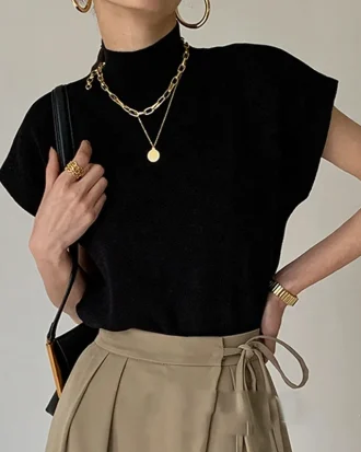 Shirt and Blouses Woman Stand-up Collar Knitted Vest Loose Elegant Tops Women Short Sleeve Office Lady Fashion 2025 Summer