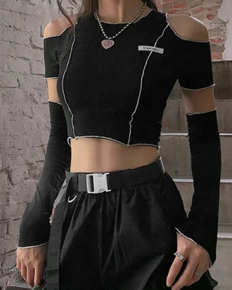 E-girl Style Patchwork Black T-shirts Gothic Open-houlder Sleeve Crop Tops Ruffles Hem Hip Hop Techwear Women Tee