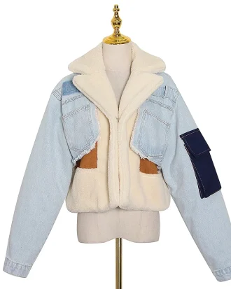 Lady Lapel Long Sleeve Tassel Casual Coat Female 2025 Winter Fashion New-Tide Patchwork Lambswool Denim-jackets for Women