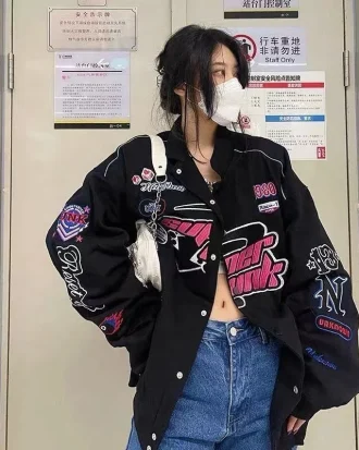 Fashion Women Embroidery Casual Zipper Long Sleeve Racing Jacket Coat Winter Clothes Vintage Colorblock Women Bomber Jacket