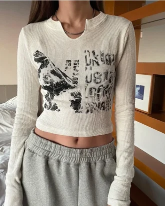 Vintage Letter Print Long Sleeve Crop Top Women Sexy Slim Autumn T Shirt Korean Style Chic Grunge Aesthetic Streetwear
