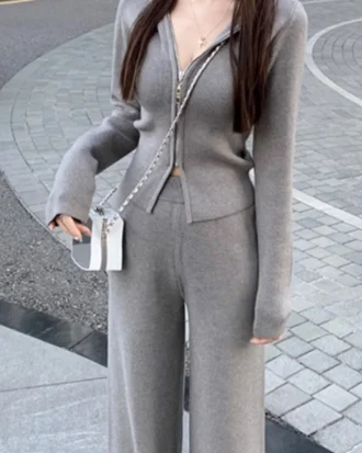 Women's Knitted Tracksuits Casual Hooded Jacket High Waist Long Pants 2 Piece Set Femme Fashion Clothing Outfit