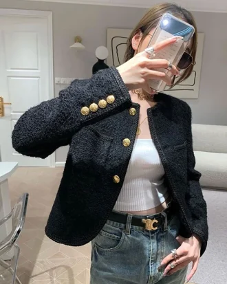 New High Quality Women Fashion Jackets Black Tweed Two Pockets Golden Buttons Elegant Coats Spring Autumn Women Clothes