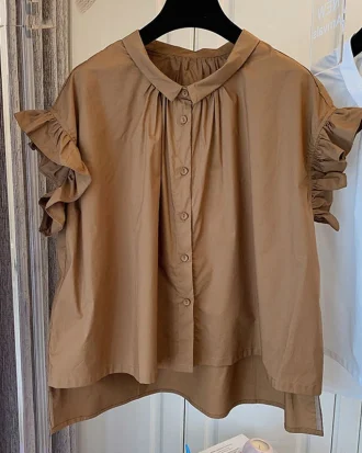 Vintage Blouse for Women Cotton Casual Shirts Ruffles Short Sleeve Blouse Ladies Tops Loose Summer Blusas Mujer De Moda 2025