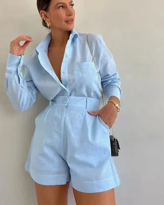 Women Long Sleeve 2 Pieces Sets Casual Simple Button Pockets Short Pant with Shirts Tops 2025 Summer Fashion Suit Female Outfits