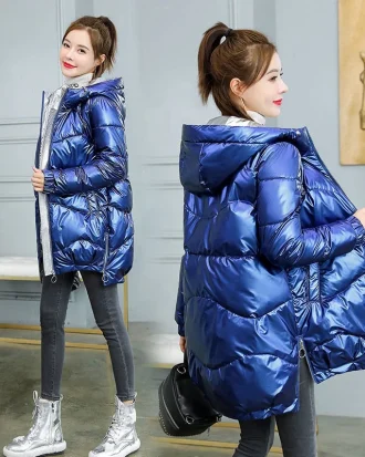 2025 New Winter Jackets Parkas Women Blue Down Cotton Jackets Hooded Parka Warm Female Cotton Padded Jackets Casual Outwear