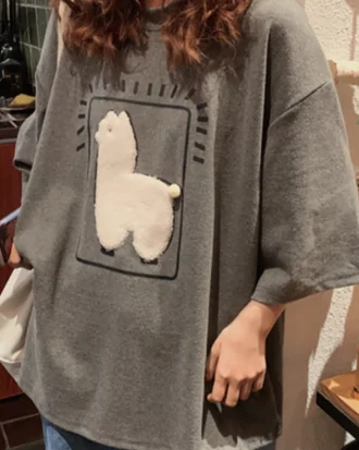 Cartoon Alpaca Animal Printed Casual Loose Oversize Korean Style 2025 Summer Short Sleeve Women Top Female T-shirts