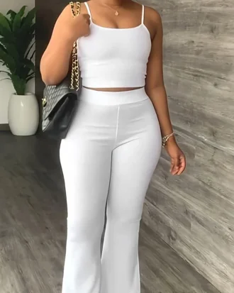 Women Two Piece Summer Casual Suits Spaghetti Strap Crop Top Loose Flare Pants Set