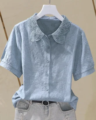 Retro Lace Stitching Shirt Simple Versatile Short Sleeve Cotton Ladies Top Summer Short Sleeve Single Breasted Solid Color Shirt