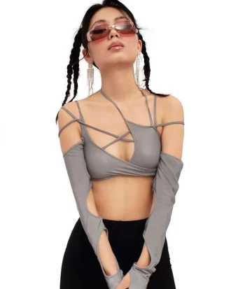 Cyber Y2k Techwear Punk Women Halter Tops Gothic Egirl Patchwork Long Sleeve Crop Top Sexy Cut Out Casual T-shirts