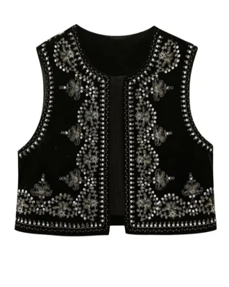 Women Vintage O Neck Sequins Flower Embroidery Short Vest Jacket Ladies Sleeveless Casual Velvet WaistCoat Tops CT3020