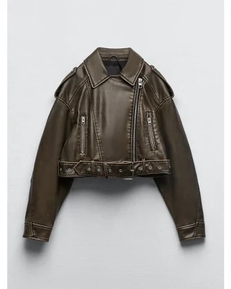 Women Vintage Loose Pu Faux Leather Short Jacket With Belt Streetwear Female Zipper Retro Moto Biker Coat Outwear Tops