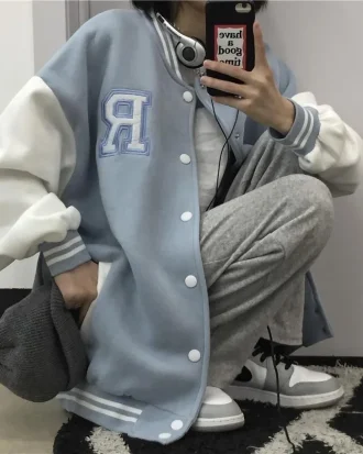 2025 Baseball Jacket Women Korean Casual Loose Pocket Letter Print Oversized Bomber Sweatshirt Uniform Streetwear Couple Tops