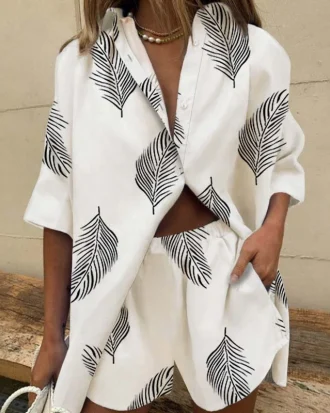 Summer Bearch Suit Women Leaf Printed Two Piece Set Elegant Casual Lapel Single Breasted Shirt Loose Pants Shorts Outfit Set