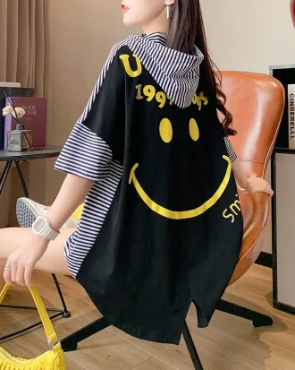 #0824 Spliced Color Hooded T Shirt for Women Loose Front Pockets Long T Shirt Female Cute Striped T Shirts Female Short Sleeves