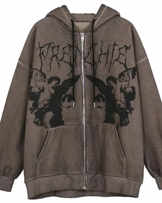 Women Vintage Angel Print Hooded Jacket Zip up Long Sleeve Pocket Autumn Winter Streetwear Coat Y2K Aesthetic Loose Hoodies