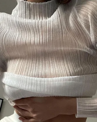 2025 Fall Elegant See Through Long Sleeve Mock Neck Women Tops Fashion Streetwear Sexy T-Shirts Tees Slim Clothes