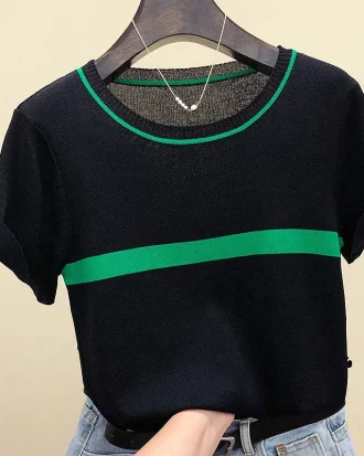 New Knitted T Shirt Women Summer O-neck Short Sleeve T-shirt Female Striped Casual Tops Tee Shirt Women's Clothing 2025