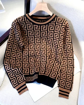 Knit Round Neck Pullover Sweater 2025 Autumn/Winter Women'S Casual Long Sleeve Geometric Pattern Women'S Sweater
