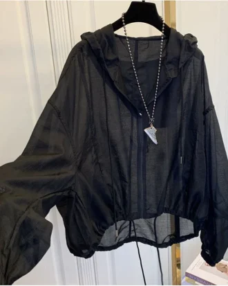Jackets Women Hooded Summer Sun-proof Zipper Coats Thin Loose See Through Outerwear Breathable Outwear Lightweight Clothes Black