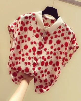 Woman Summer Style Blouses Tops Lady Casual Short Batwing Sleeve Peter Pan Collar Polka Dot Printed Blusas Tops ZZ1392