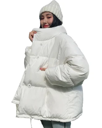 Korean Style 2025 Winter Cotton Parkas Women Stand Collar Black White Female Wadded Coat Loose Oversized Womens Short Jackets