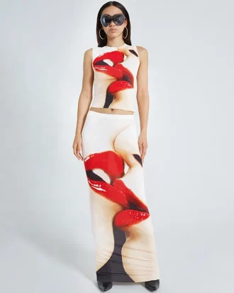 Graphic Print Sleeveless Patchwork Sexy Slim Crop Tank Top Maxi Dress 2 Pcs Set Summer Women Outfit Y2K Vacation Party