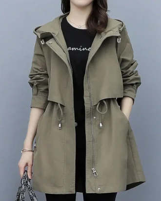 Spring and Autumn 2025 Women's Mid-length Trench Coat Hooded Zipper Tie-in Jackets British Style Loose Coats Women's Clothing