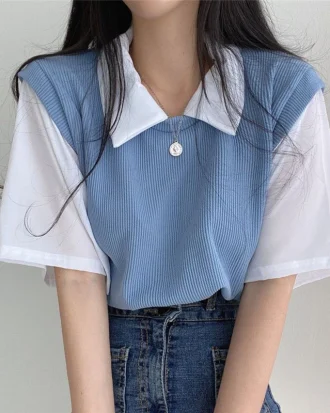 2025 Spring Summer Casual Polo T-shirt Female Pullover Women's Loose Tees Top Fake Two Piece Suit Student Preppy Style