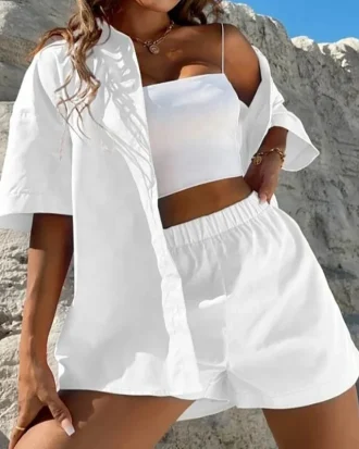 Women Cotton Linen Solid Suit Solid Color Short Sleeve Shirts and Shorts Casual Sports Outfits