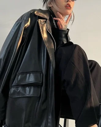 Streetwear Black PU Leather Coats and Jackets Women Pocket Long Sleeve Y2K Gothic Autumn Spring Ladies Jackets Outerwear