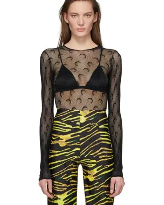 Woman Crescent Moon Print Mesh Top Women Fishnet Top Pants N Shirt Set Moon Half Moon Tops Pant