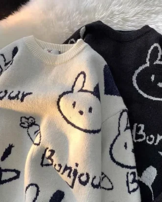 Cartoon Rabbit Y2k Harajuku Kawaii Retro Cute Round Neck Pullover Sweater Pattern Knitted Warm Loose Oversized Sweatshirt Women